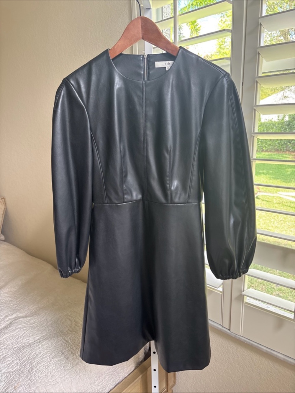 Tibi Black Faux Leather Mini Dress with Puff Sleeves Size 00